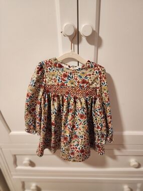 Mayoral Floral Smocked Long-Sleeve Dress Top in Cream, Red & Blue